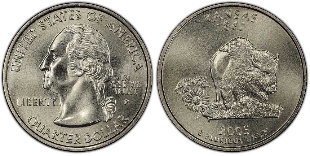 2005 Kansas state quarter obverse and reverse showing the sunflower and bison design