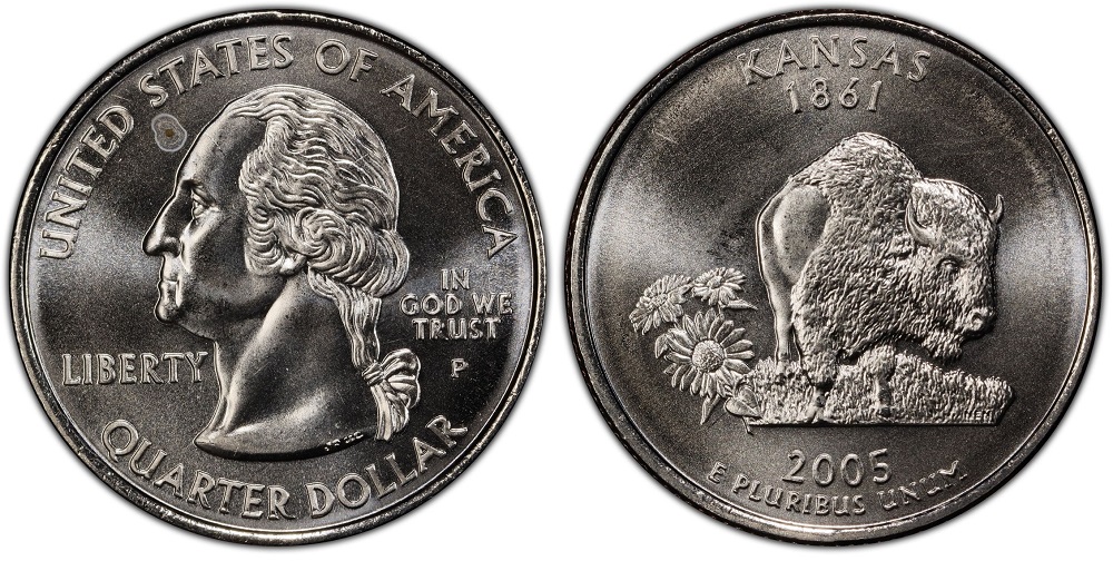 Side-by-side comparison of normal 2005 Kansas quarter (IN GOD WE TRUST) versus error coin (IN GOD WE RUST) with missing T