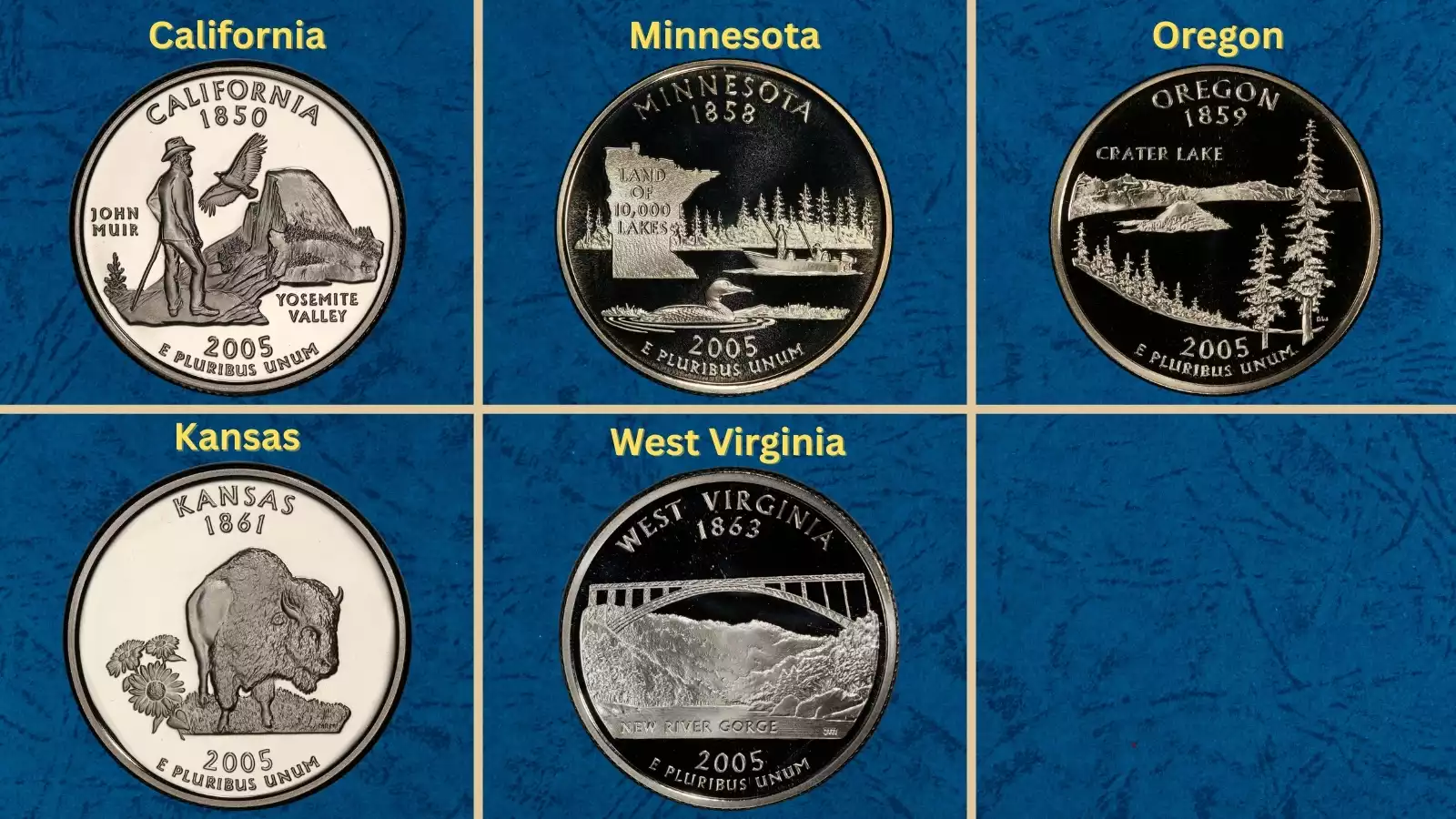 All five 2005 state quarter designs laid out showing California, Minnesota, Oregon, Kansas, and West Virginia reverses