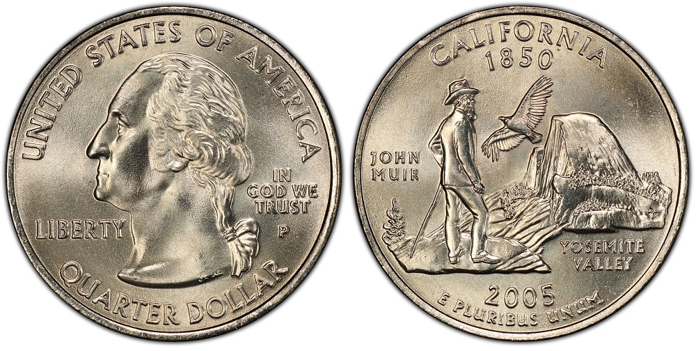 Grading strip showing 2005 state quarter in four conditions: worn, circulated, uncirculated, and gem mint state